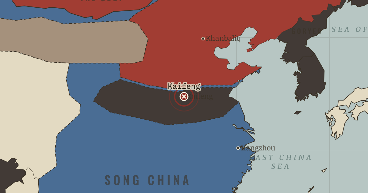 Map showing Kaifeng falls — The Mongol Empire, 1206–1294