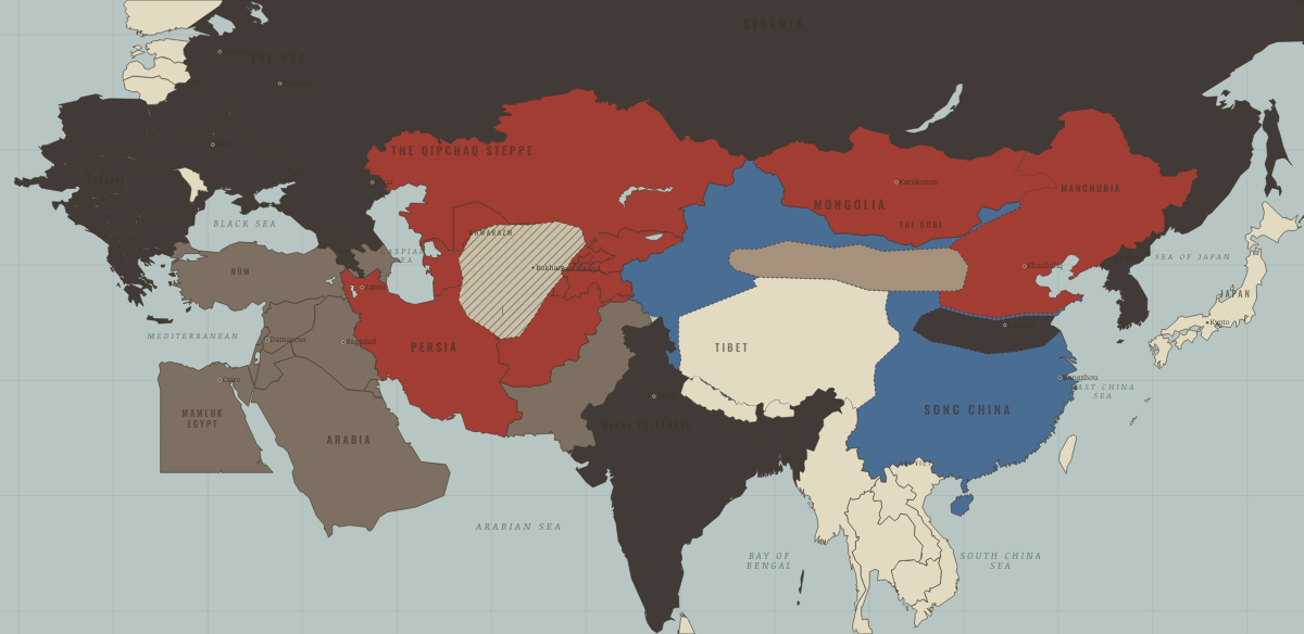 Map of the Mongol world in 1223: The Great Raid touches the Rus
