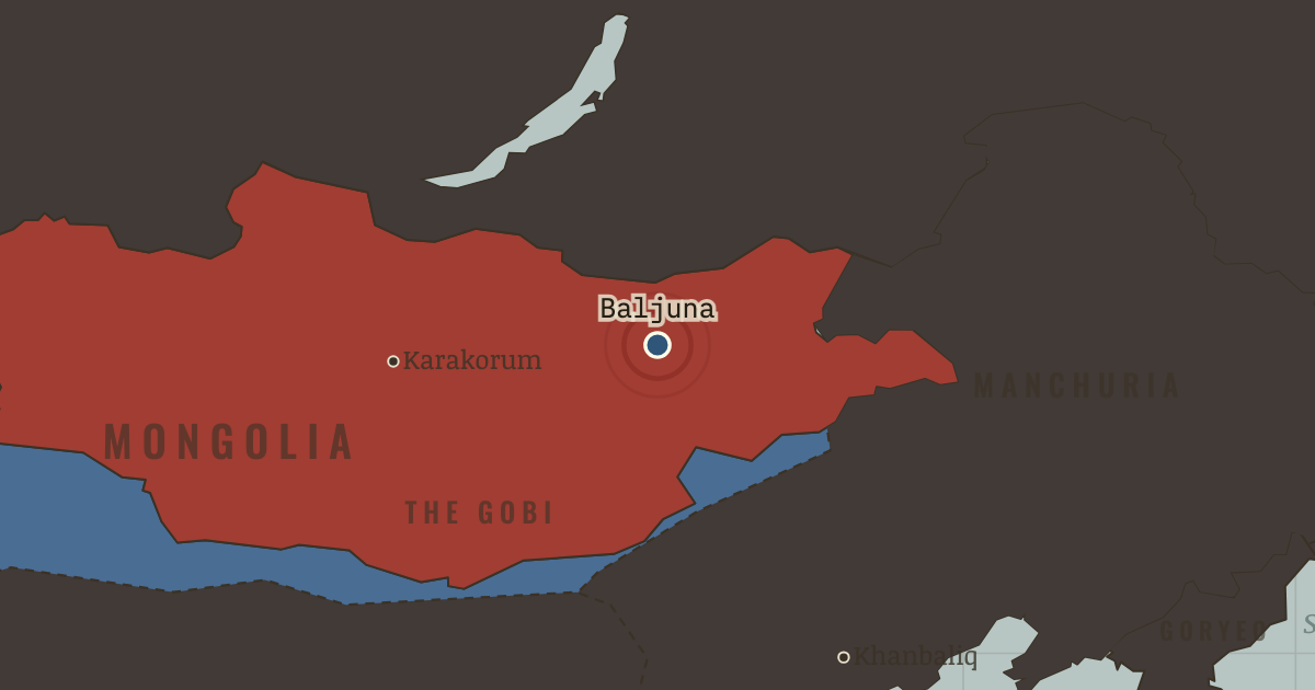 Map showing The Baljuna Covenant — The Mongol Empire, 1206–1294