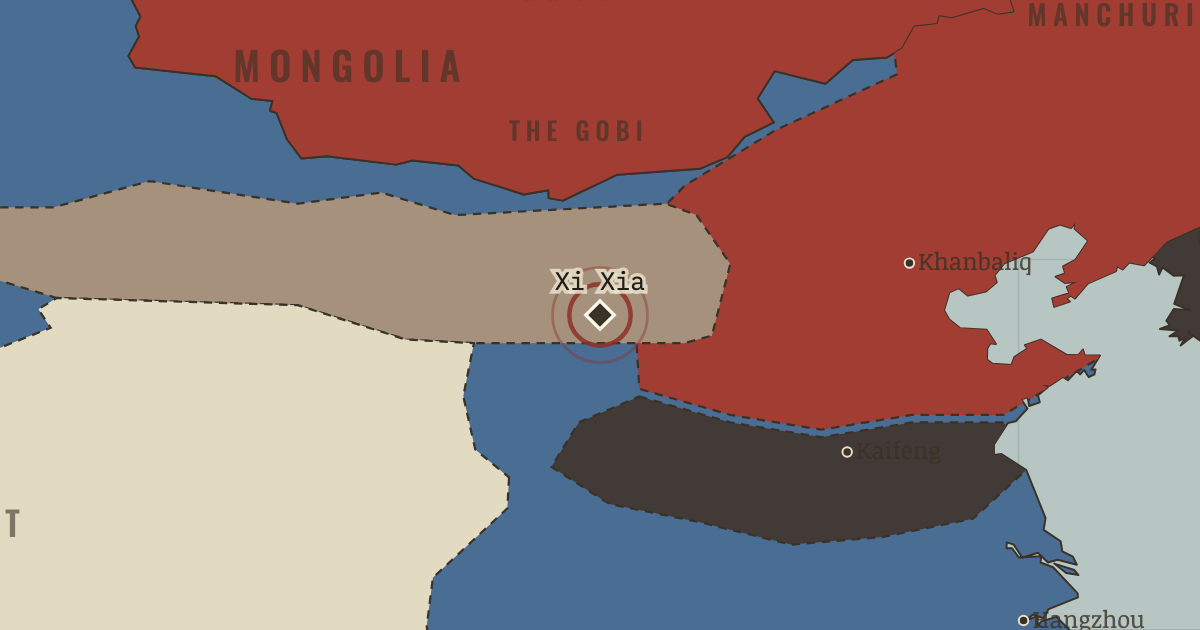 Map showing The end of Xi Xia — The Mongol Empire, 1206–1294