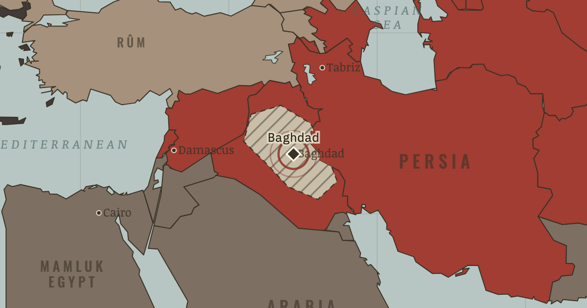 Map showing The fall of Baghdad — The Mongol Empire, 1206–1294