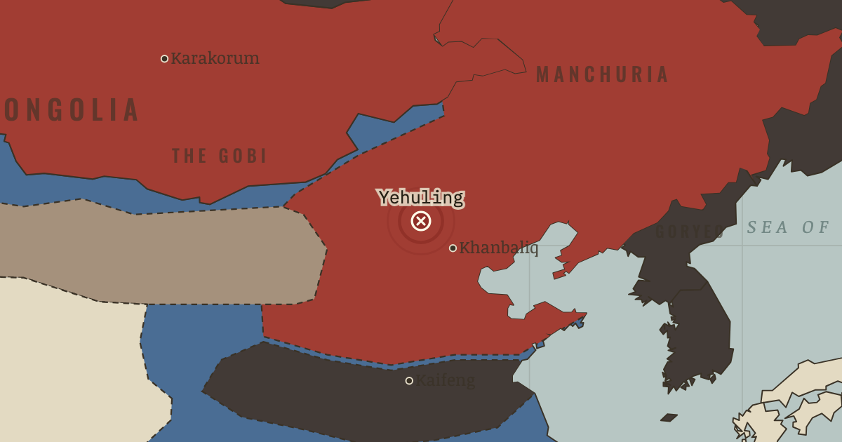 Map showing Yehuling (Wild Fox Ridge) — The Mongol Empire, 1206–1294