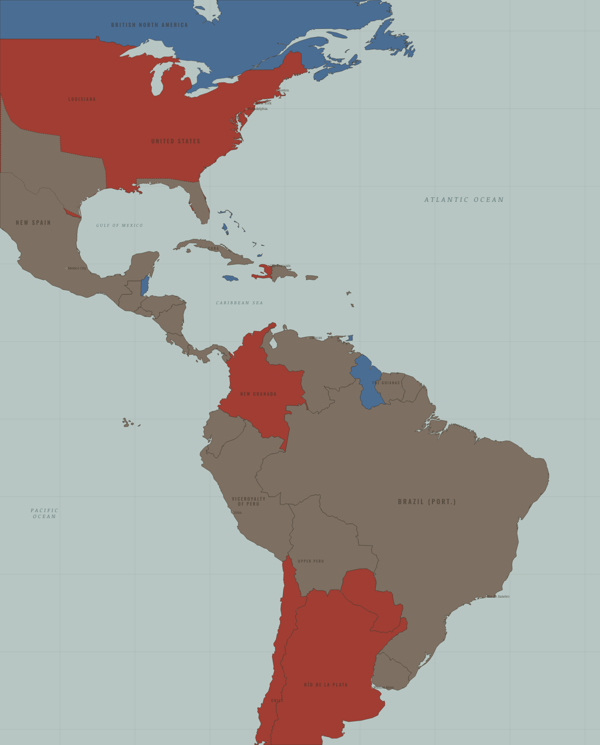 Map of the Atlantic World in AUG 1819: Boyacá: the tide turns