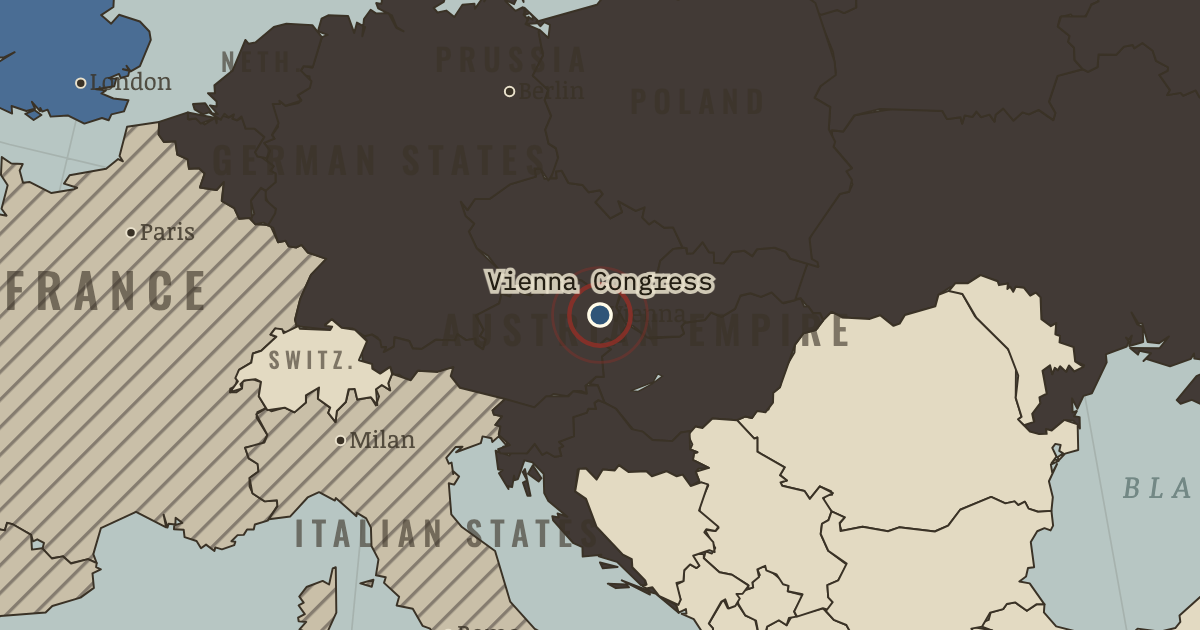 Map showing The Congress of Vienna — The Age of Revolutions, 1775–1848