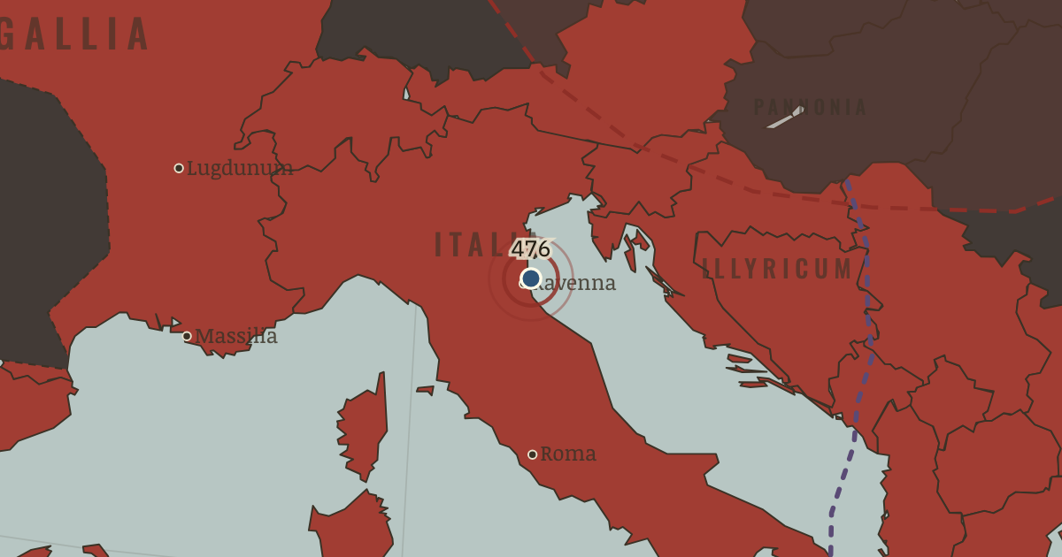 Map showing 476: the end in the West — The Rise and Fall of Rome, 264 BC – AD 476