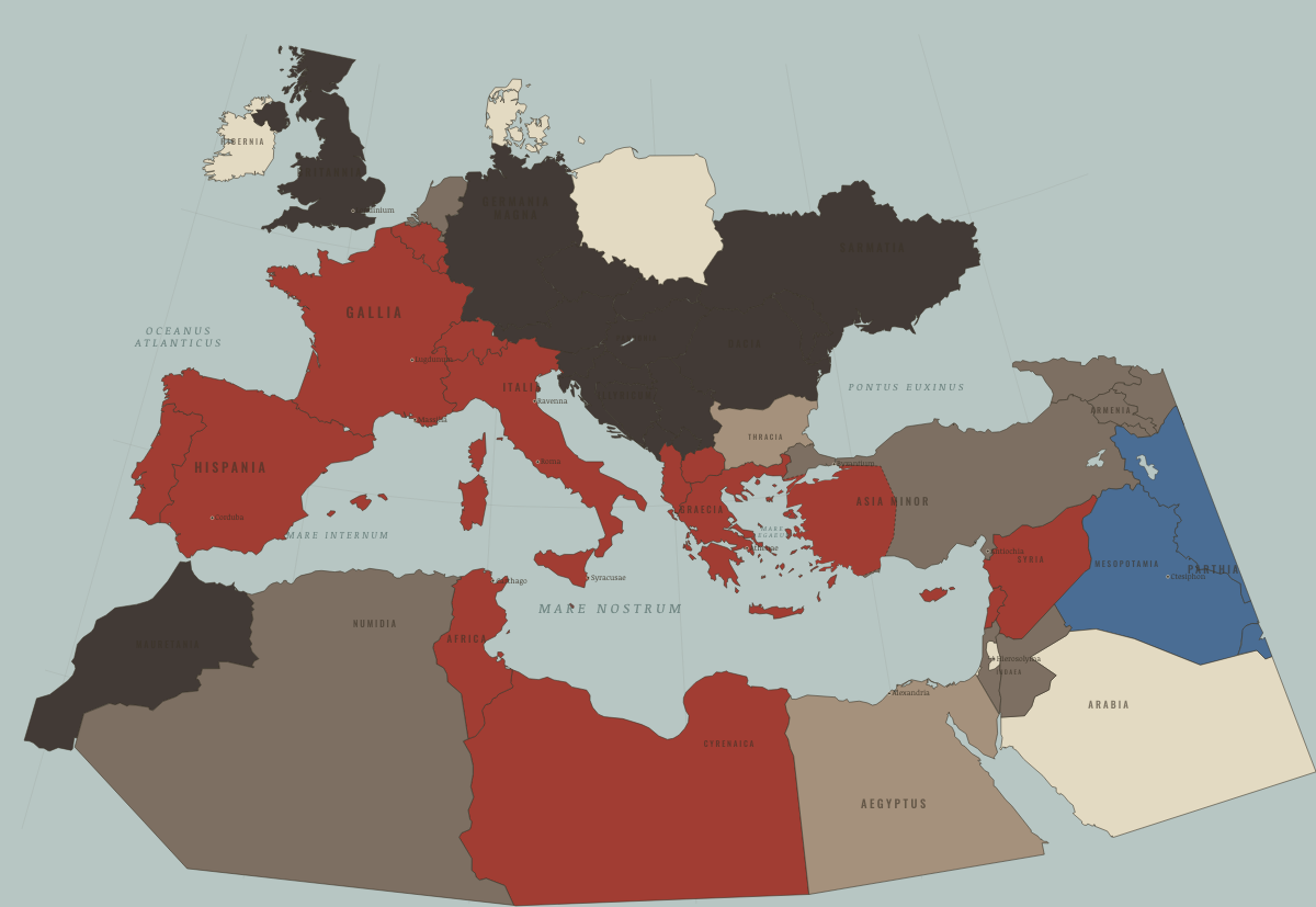 Map of the Roman world in 50 BC: Gaul conquered