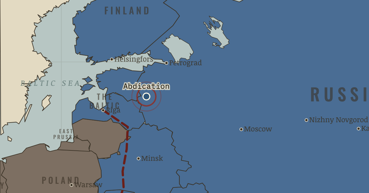 Map showing Abdication at Pskov — The Russian Revolution, 1905–1924