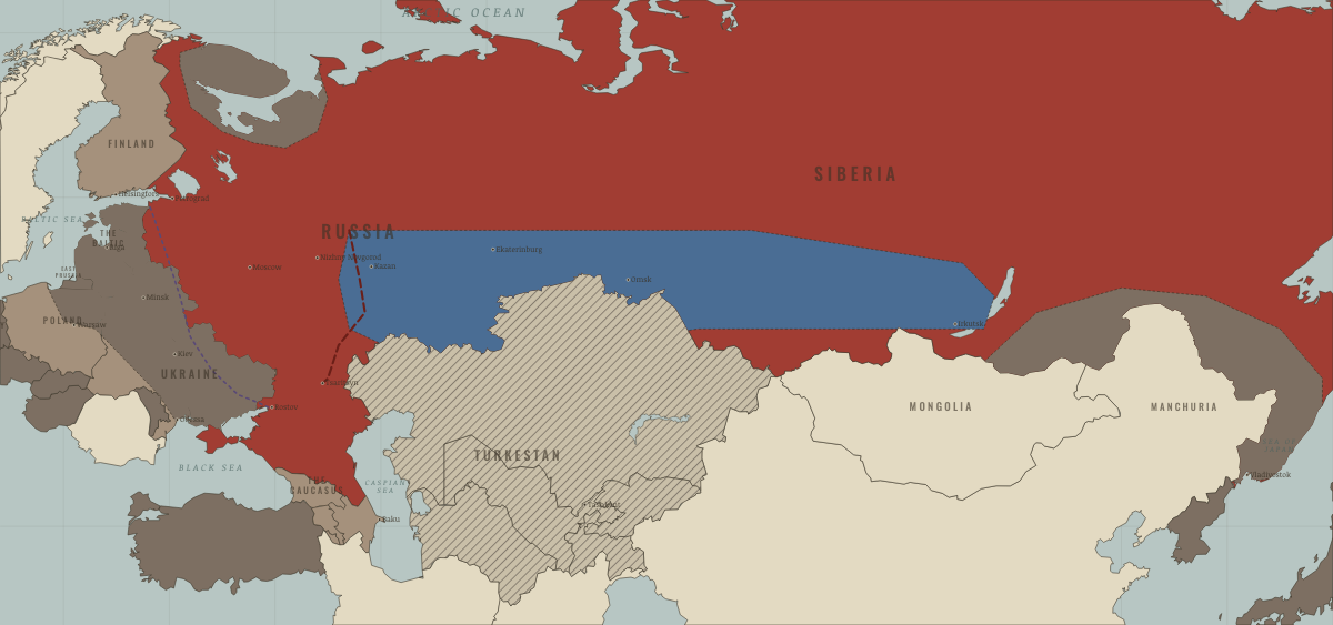 Map of revolutionary Russia in JUL 1918: The Czech Legion & the ring