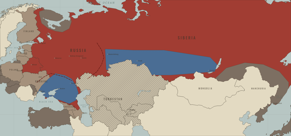 Map of revolutionary Russia in JUN 1919: Kolchak checked, Denikin rising