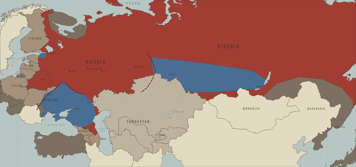 Map of revolutionary Russia in OCT 1919: The crisis: Soviet power at its smallest