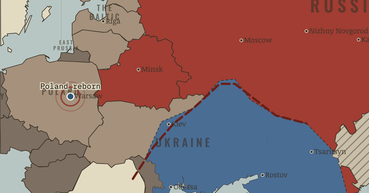 Map showing Poland reborn — The Russian Revolution, 1905–1924