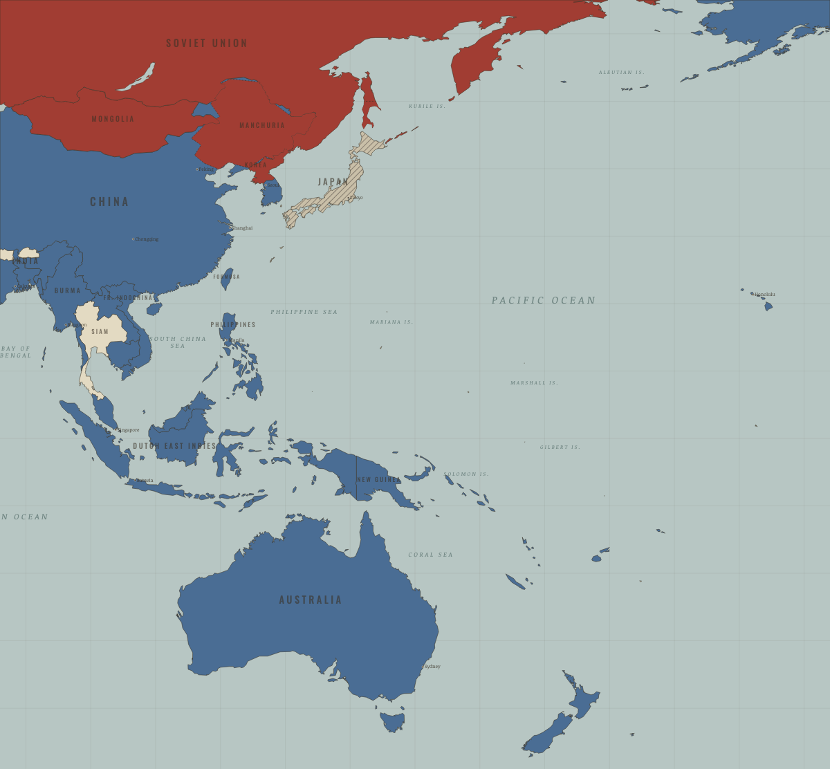Map of the Pacific in WW2 in AUG 1945: Downfall
