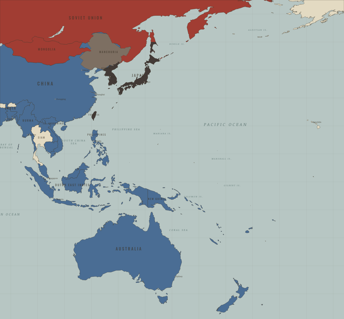 Map of the Pacific in WW2 in JUL 1937: War in China