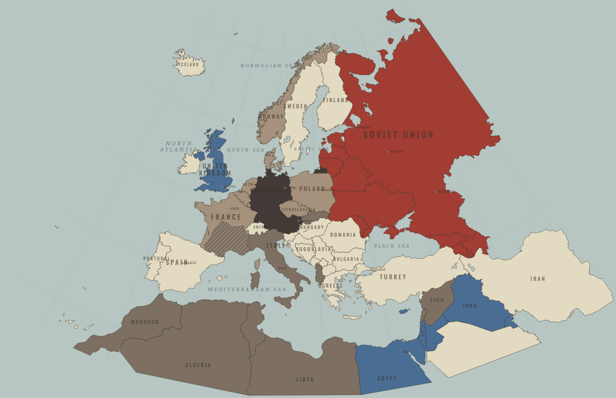 Map of Europe in WW2 in JUN 1940: France falls